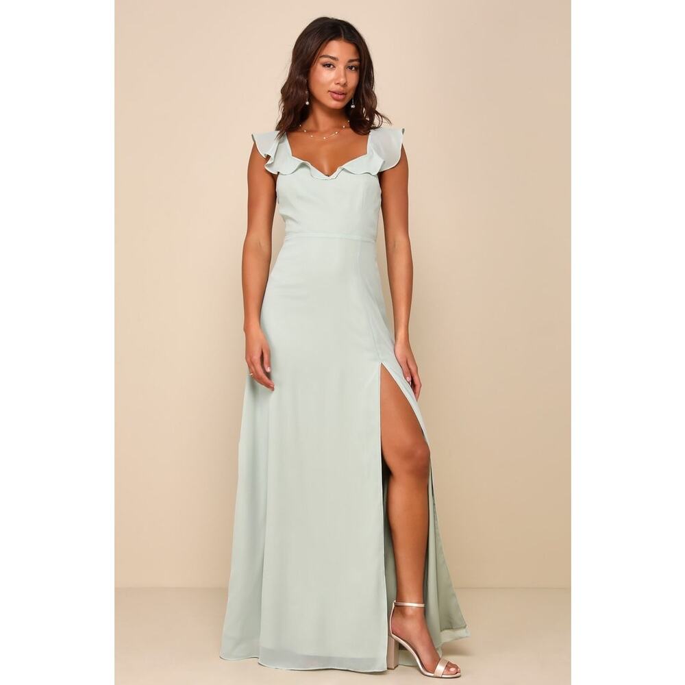NWT Lulus Sweetest Entrance Sage Green Ruffled Tie-Back Maxi Dress Wedding Sz S